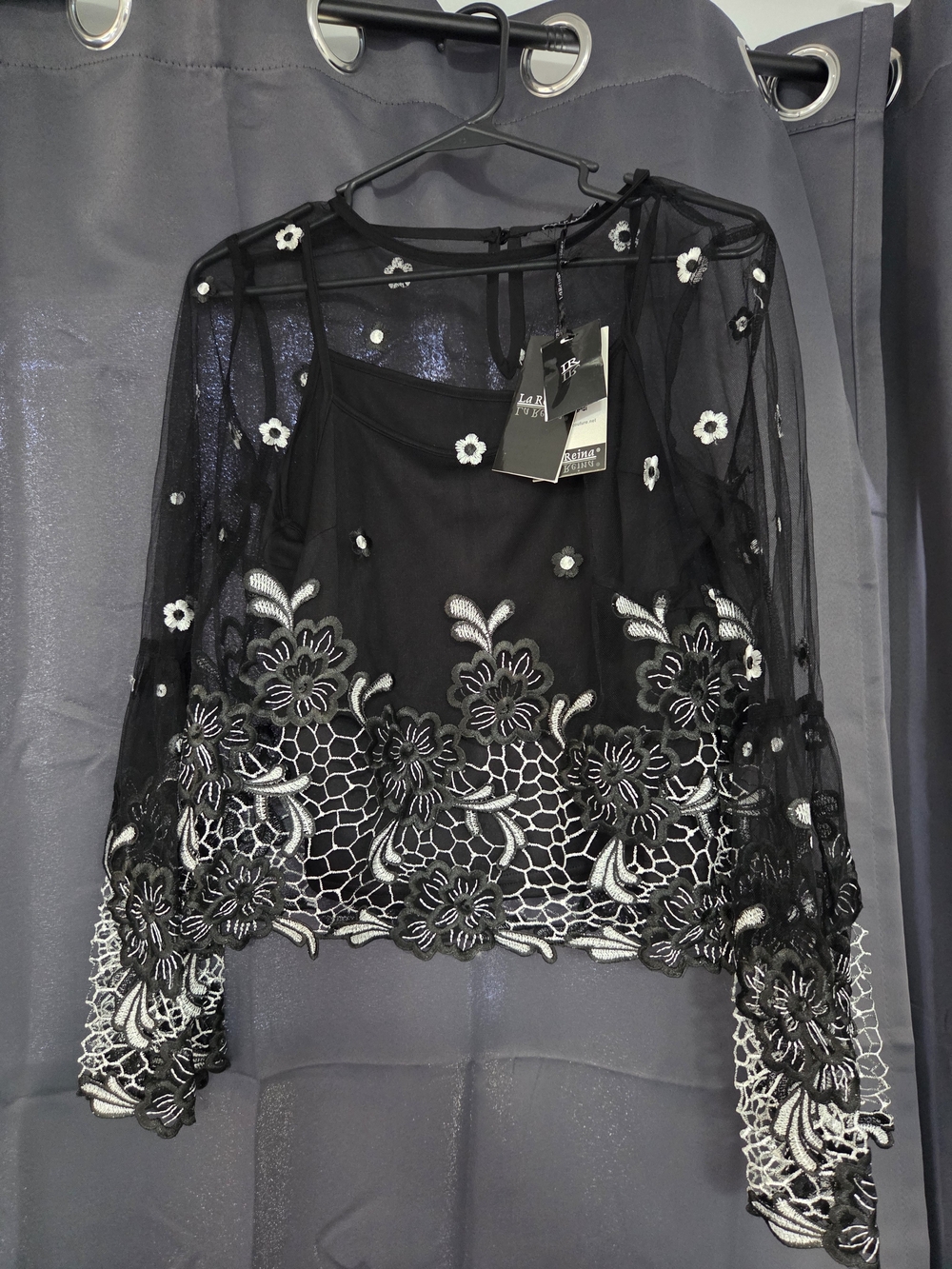 Embellished Black Floral Mesh Top Brand La Reina